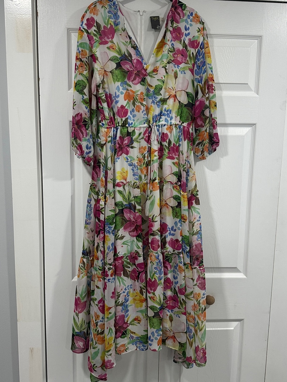 Taylor Floral V-Neck Tiered Maxi Dress in White with Pink, Green & Blue